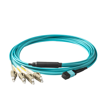 Elite Non-Pinned MTP® to 8xLC Breakout Cable with Corning ClearCurve® OM3 Multimode Fiber, featuring an Aqua MTP® Connector, Beige LC Connectors, and an Aqua Jacket, designed for high-speed 40G/100G data center applications.