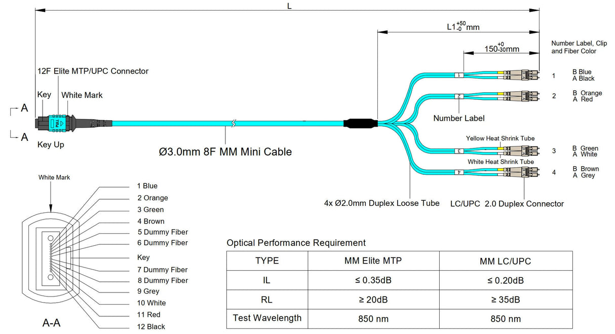 Elite Non-Pinned MTP® to 8xLC Breakout Cable | Corning® ClearCurve® OM4 Multimode Optical Fiber | Aqua MTP® Connector, Aqua Cable Jacket, Beige LC Connectors | OFNP Jacket