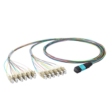 Elite Non-Pinned MTP® to 24xLC Breakout Cable with Corning ClearCurve® OM3 Multimode Fiber, featuring an Aqua MTP® Connector, 600μm 24-Colored Hytrel® Fiber Tube, and Beige LC Connectors, optimized for high-speed 40G/100G data center applications.