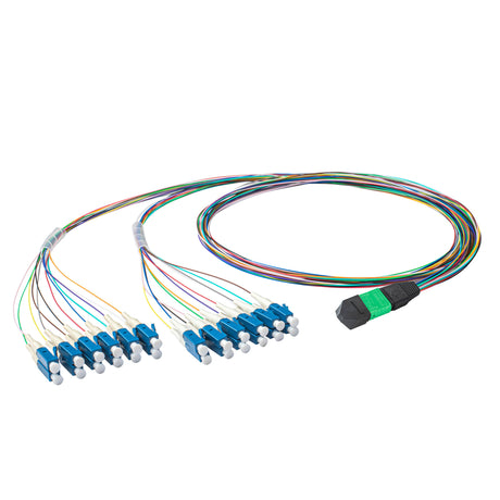 Elite Non-Pinned MTP® to 24xLC Breakout Cable with Corning® SMF-28® Ultra Fiber, optimized for high-density data centers, featuring a Green MTP® Connector and 600μm 24-Colored Hytrel® Fiber Tube for 40GBASE-PLR4 & 100GBASE-PSM4 applications.