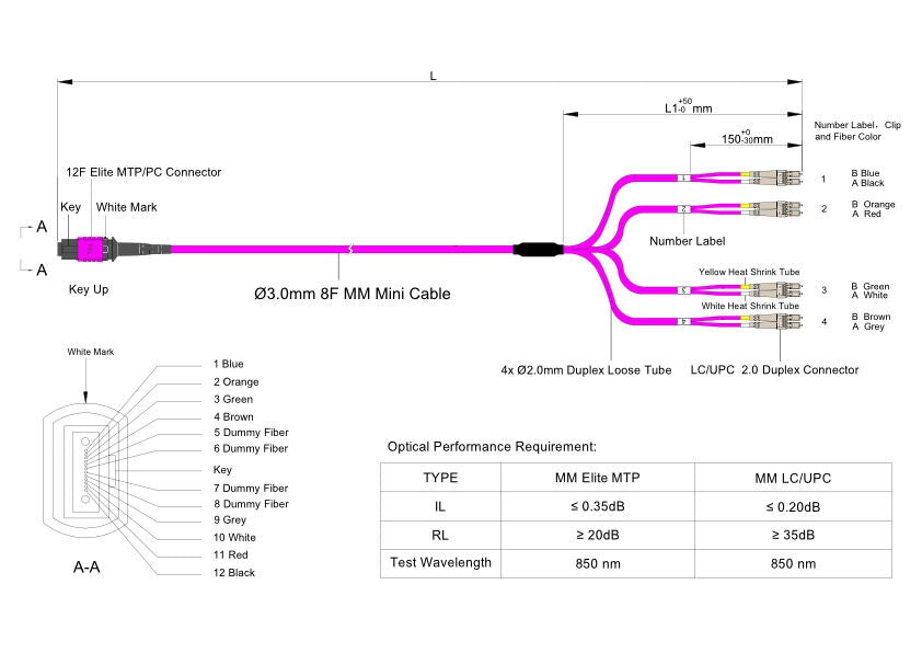 Elite Non-Pinned MTP® to 8xLC Breakout Cable | Corning® ClearCurve® OM4 Multimode Optical Fiber | Magenta MTP® Connector, Magenta Cable Jacket, Beige LC Connectors | LSZH Jacket
