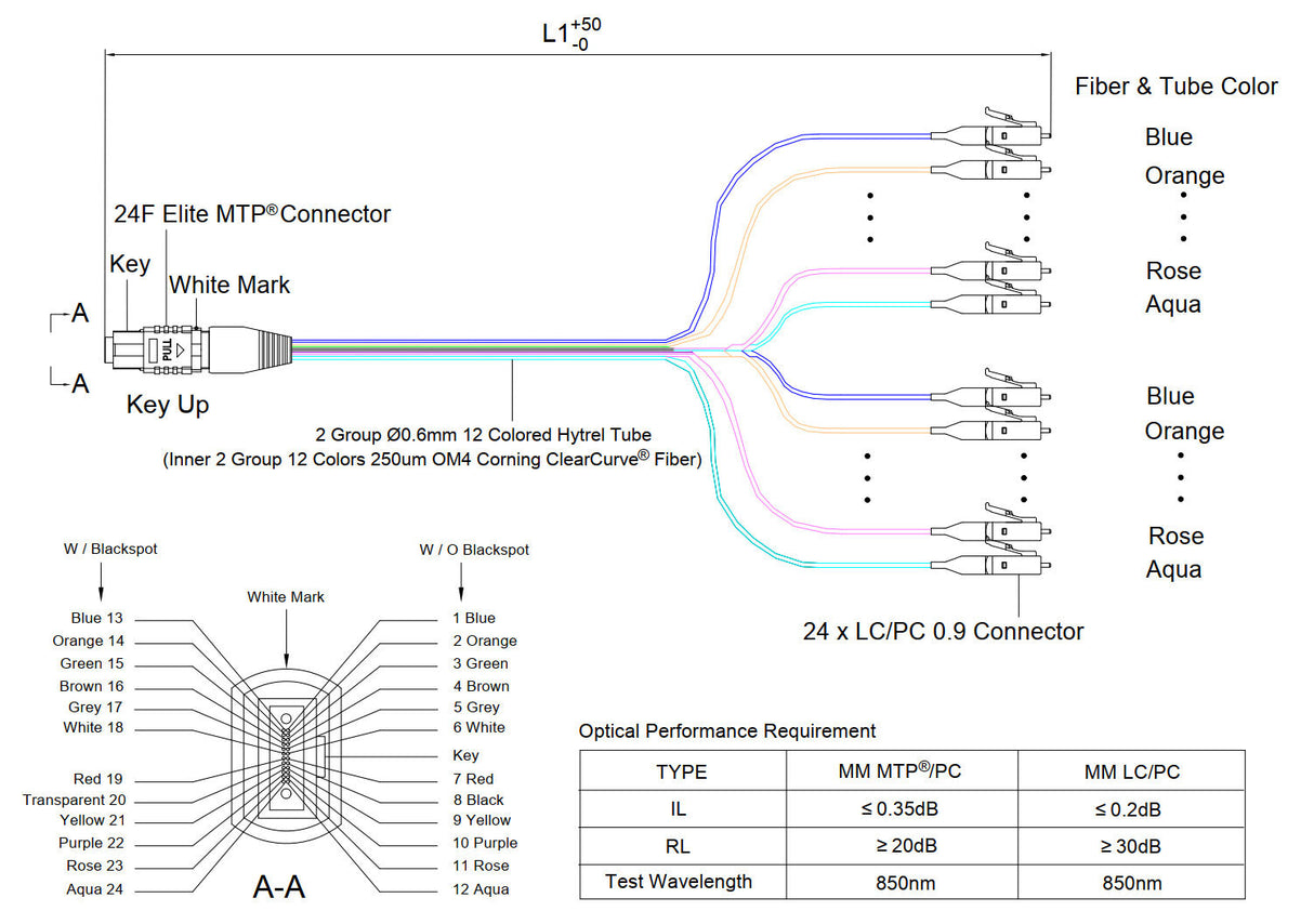 Elite Non-Pinned MTP® to 24xLC Breakout Cable | Corning® ClearCurve® OM4 Multimode Optical Fiber | Magenta MTP® Connector, 600μm 24-Colored Hytrel® Fiber Tube, Beige LC Connectors