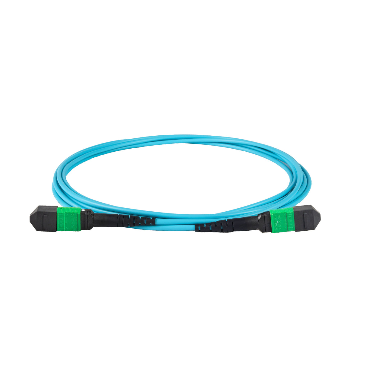 8 芯 Elite 母頭 MTP®/APC 轉母頭 MTP®/APC 跳線 | 康寧® ClearCurve® OM4 多模光纖 | 極性B，綠色 MTP®-12 接頭，水綠色外被 | LSZH 低煙無鹵外被