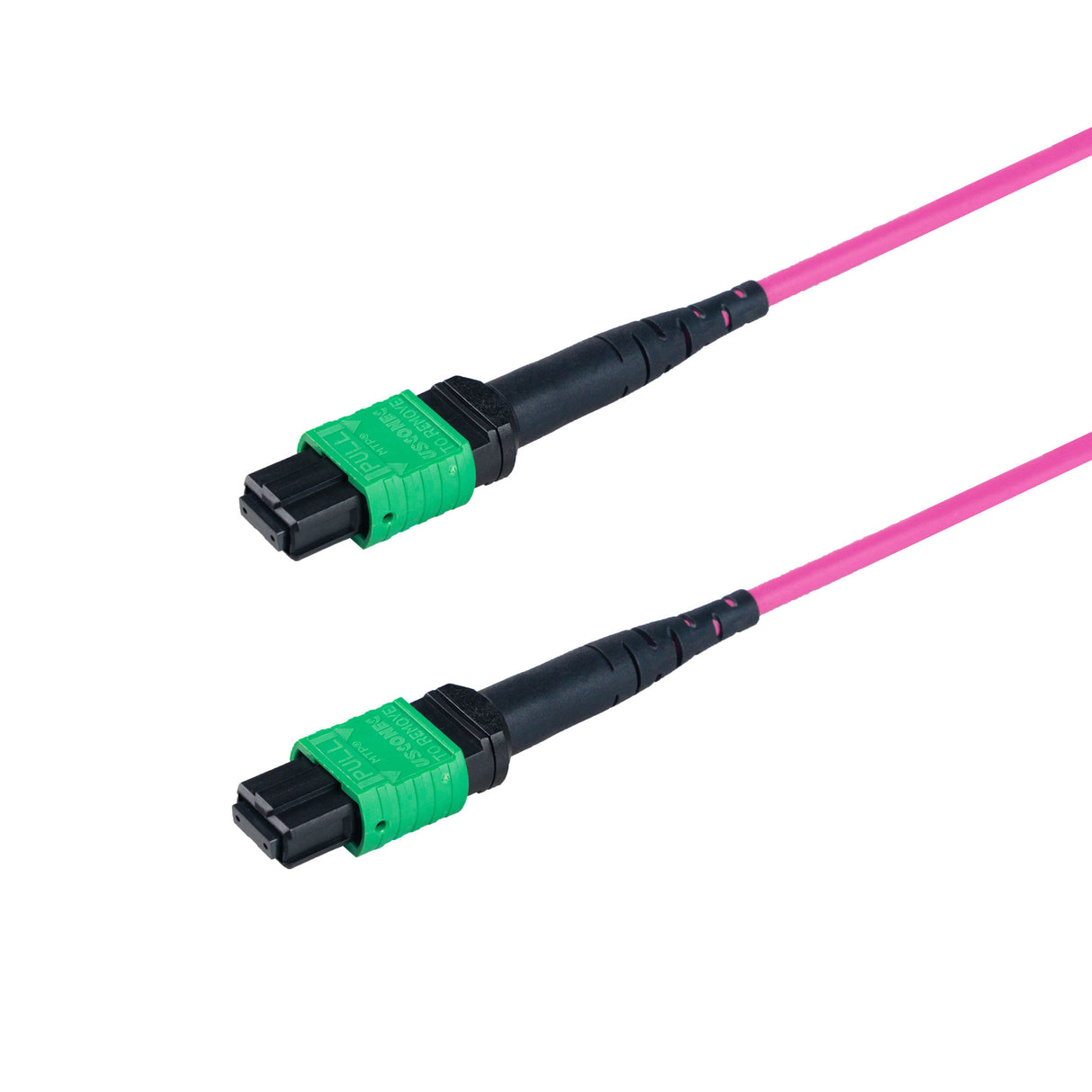8-Fiber Elite Non-Pinned MTP®/APC to Non-Pinned MTP®/APC Jumper | Corning® ClearCurve® OM4 Multimode Optical Fiber | Type B, Green MTP®-12 Connectors, Magenta Cable Jacket | OFNR Jacket