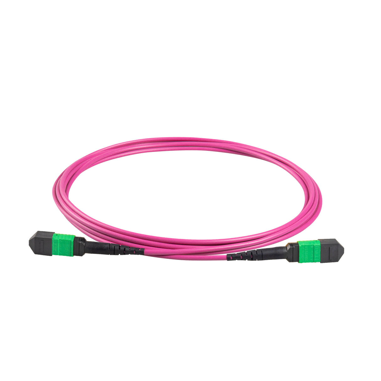 8-Fiber Elite Non-Pinned MTP®/APC to Non-Pinned MTP®/APC Jumper | Corning® ClearCurve® OM4 Multimode Optical Fiber | Type B, Green MTP®-12 Connectors, Magenta Cable Jacket | OFNR Jacket