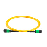 12-Fiber Elite Non-Pinned MTP® to MTP® Jumper with Corning® SMF-28® Ultra Optical Fiber, OS1/OS2 Compatible, Type B polarity, Green MTP® connectors, and Yellow jacket, optimized for 40GBASE-SR4 and 100GBASE-SR4 multimode parallel optics in high-density data centers.