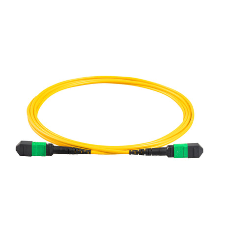 12-Fiber Elite Non-Pinned MTP® to MTP® Jumper with Corning® SMF-28® Ultra Optical Fiber, OS1/OS2 Compatible, Type B polarity, Green MTP® connectors, and Yellow jacket, optimized for 40GBASE-SR4 and 100GBASE-SR4 multimode parallel optics in high-density data centers.