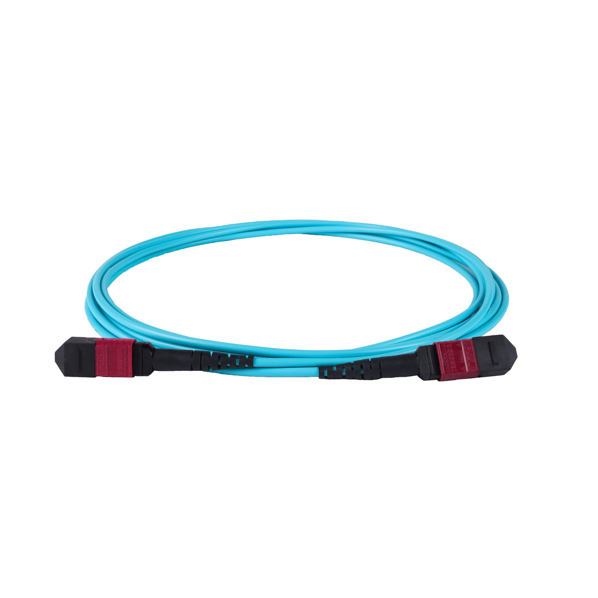 12-Fiber Elite Non-Pinned MTP®/UPC to Non-Pinned MTP®/UPC Jumper | Corning® ClearCurve® OM4 Multimode Optical Fiber | Type B, Magenta MTP® Connectors, Aqua Cable Jacket | OFNP Jacket