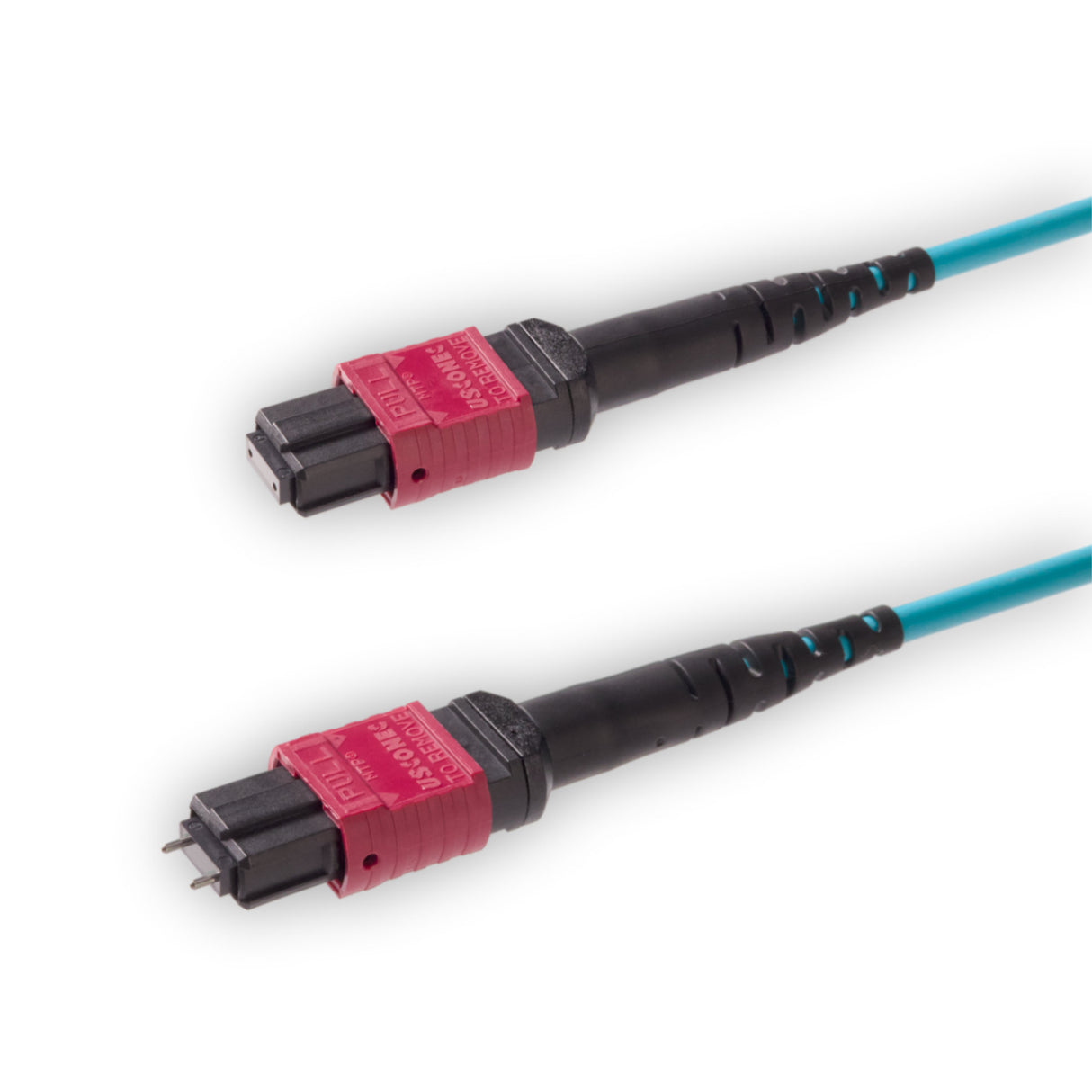 12 芯 Elite 公頭 MTP®/UPC 轉母頭 MTP®/UPC 跳線 | 康寧® ClearCurve® OM4 多模光纖 | 極性A，洋紅色 MTP® 接頭，水綠色外被 | LSZH 低煙無鹵外被