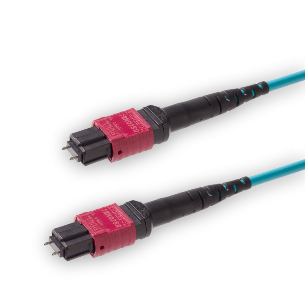 12 芯 Elite 公頭 MTP®/UPC 轉公頭 MTP®/UPC 跳線 | 康寧® ClearCurve® OM4 多模光纖 | 極性B，洋紅色 MTP® 接頭，水綠色外被 | LSZH 低煙無鹵外被