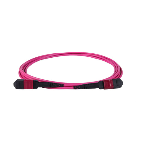12-Fiber Elite Non-Pinned MTP® UPC to MTP® UPC Jumper with Corning® ClearCurve® OM4 Multimode Fiber, Type B polarity, Magenta MTP® connectors, and Magenta jacket, optimized for 40GBASE-SR4 and 100GBASE-SR4 multimode parallel optics in high-density data centers.