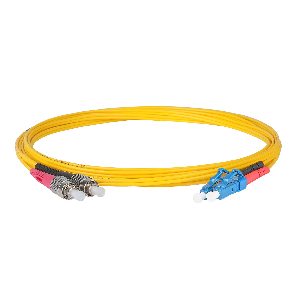 0.2dB LC/UPC to FC/UPC Single-mode Duplex Fiber Patch Cable | Corning SMF-28 Ultra Fiber | Red and Black Boots | OS1/OS2 Compatible | OFNR Jacket