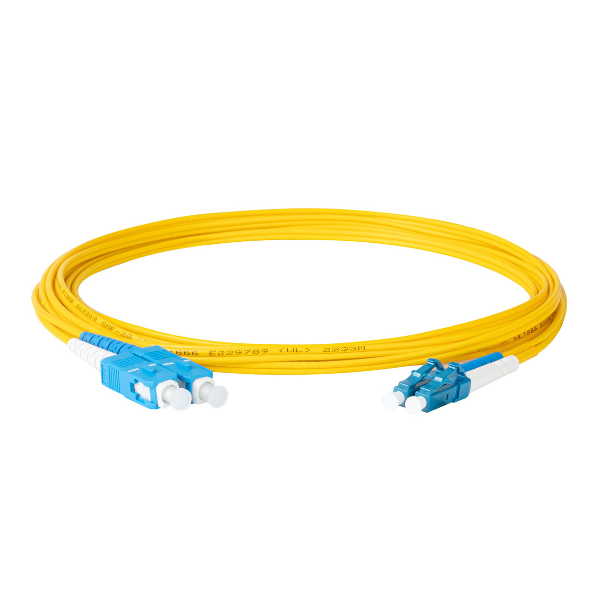 電信級 0.2dB 單模雙工 LC/UPC to SC/UPC 光纖跳線 | 康寧纖芯 | 藍白尾套 | OFNR 外被