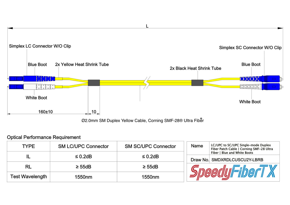 電信級 0.2dB 單模雙工 LC/UPC to SC/UPC 光纖跳線 | 康寧纖芯 | 藍白尾套 | OFNR 外被
