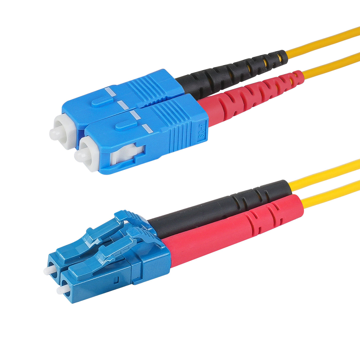 0.2dB LC/UPC to SC/UPC Single-mode Duplex Fiber Patch Cable | Corning SMF-28 Ultra Fiber | Red and Black Boots | OS1/OS2 Compatible | OFNR Jacket