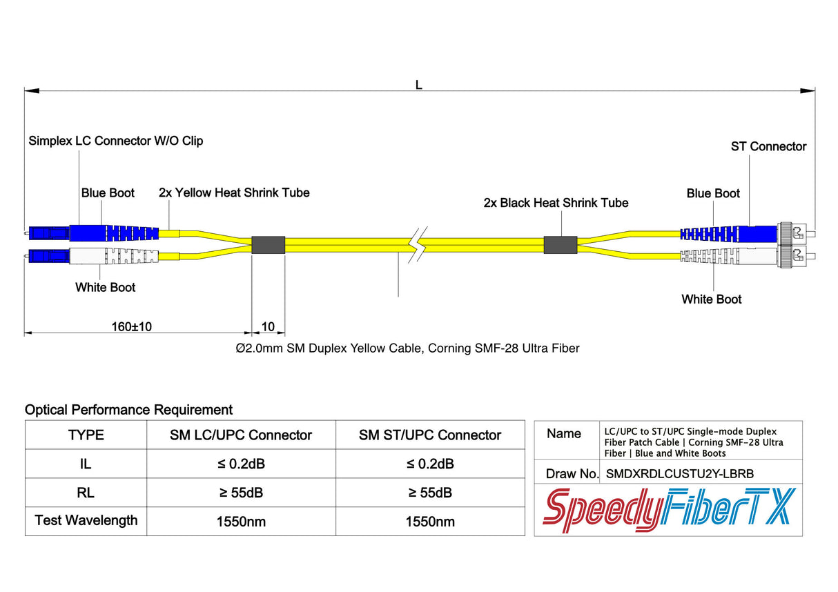 電信級 0.2dB 單模雙工 LC/UPC to ST/UPC 光纖跳線 | 康寧纖芯 | 藍白尾套 | OFNR 外被