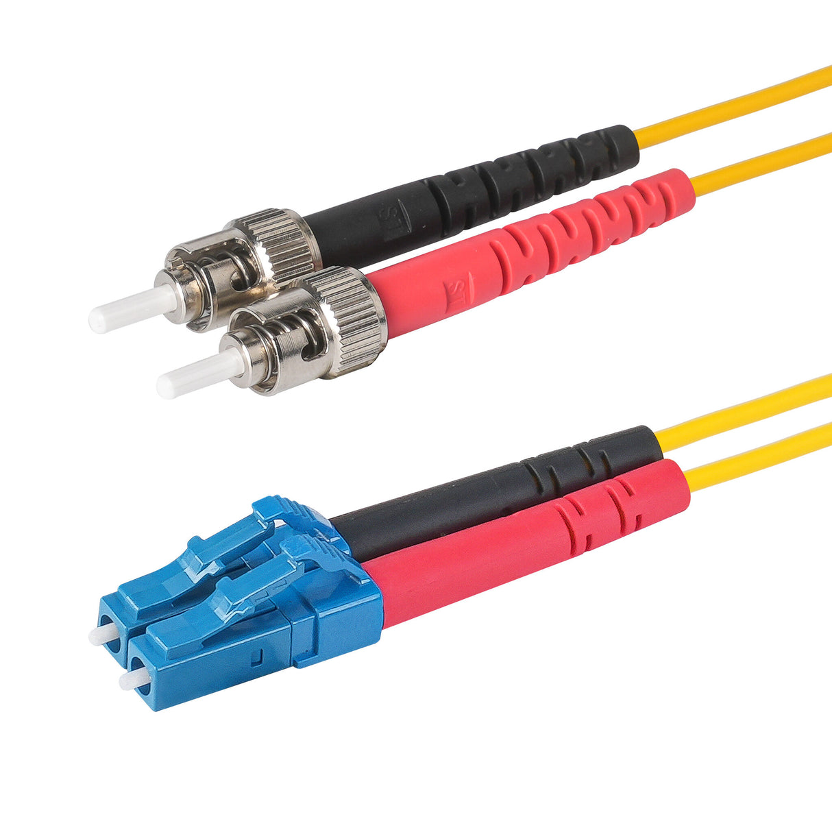 0.2dB LC/UPC to ST/UPC Single-mode Duplex Fiber Patch Cable | Corning SMF-28 Ultra Fiber | Red and Black Boots | OS1/OS2 Compatible | OFNR Jacket