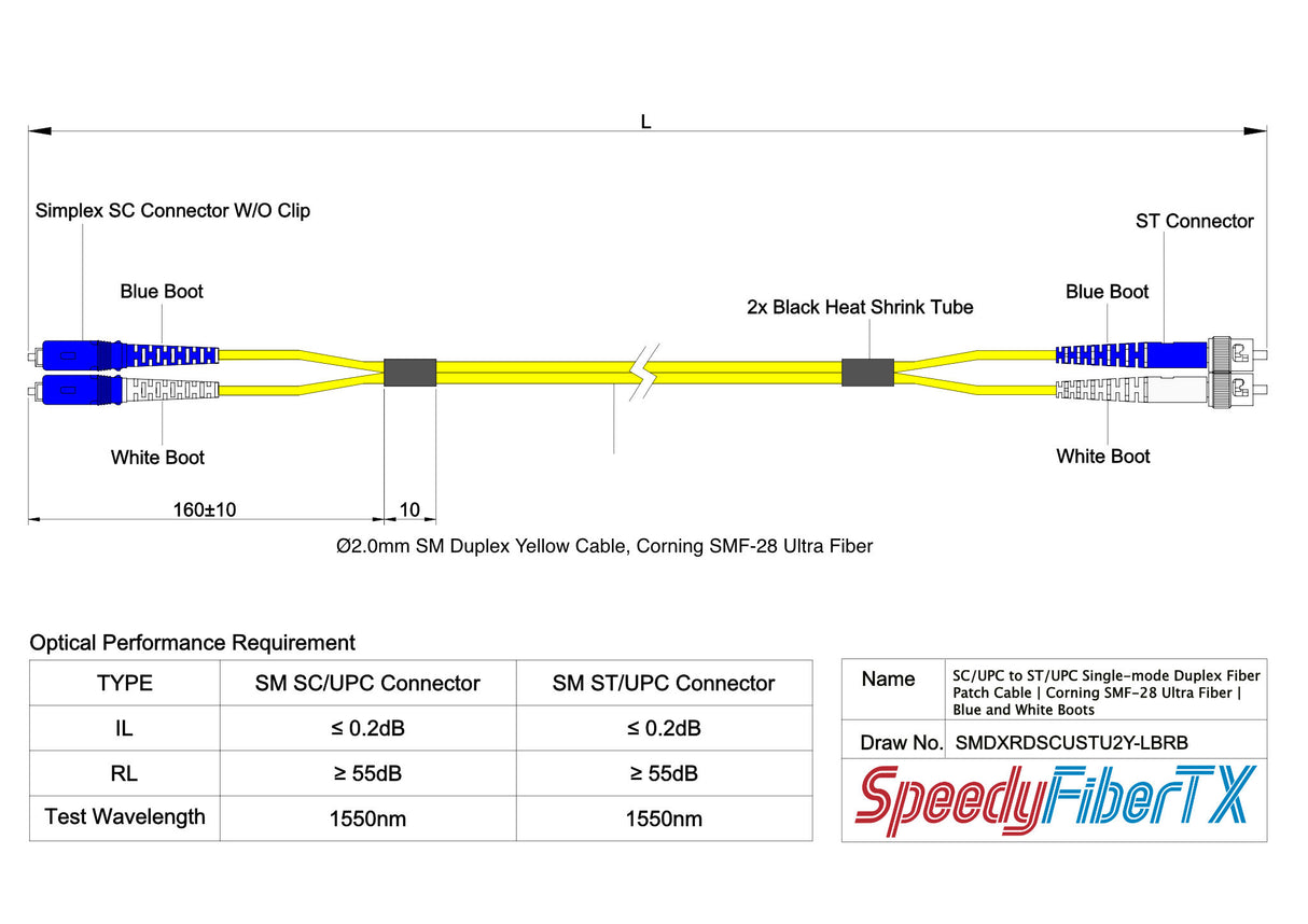 電信級 0.2dB 單模雙工 SC/UPC to ST/UPC 光纖跳線 | 康寧纖芯 | 綠藍白尾套 | OFNR 外被