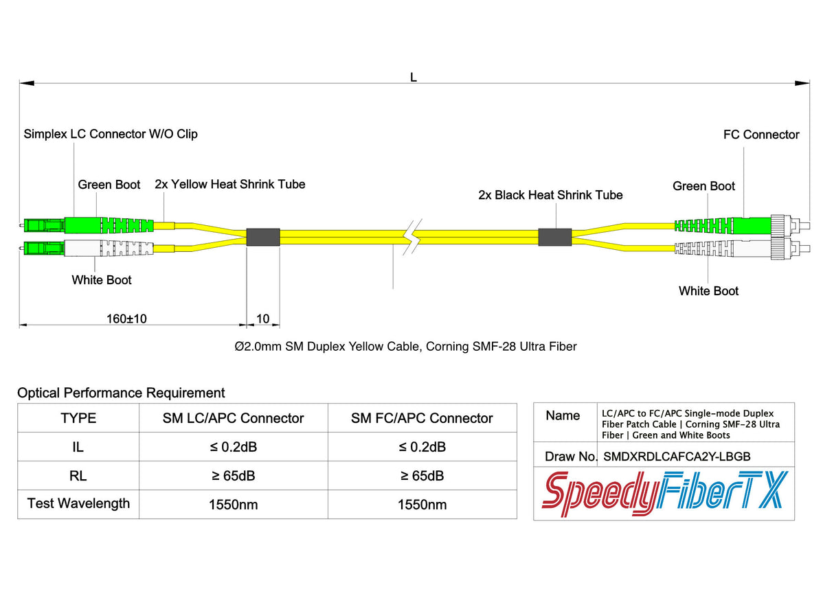 電信級 0.2dB 單模雙工 LC/APC to FC/APC 光纖跳線 | 康寧纖芯 | 綠白尾套 | OFNR 外被