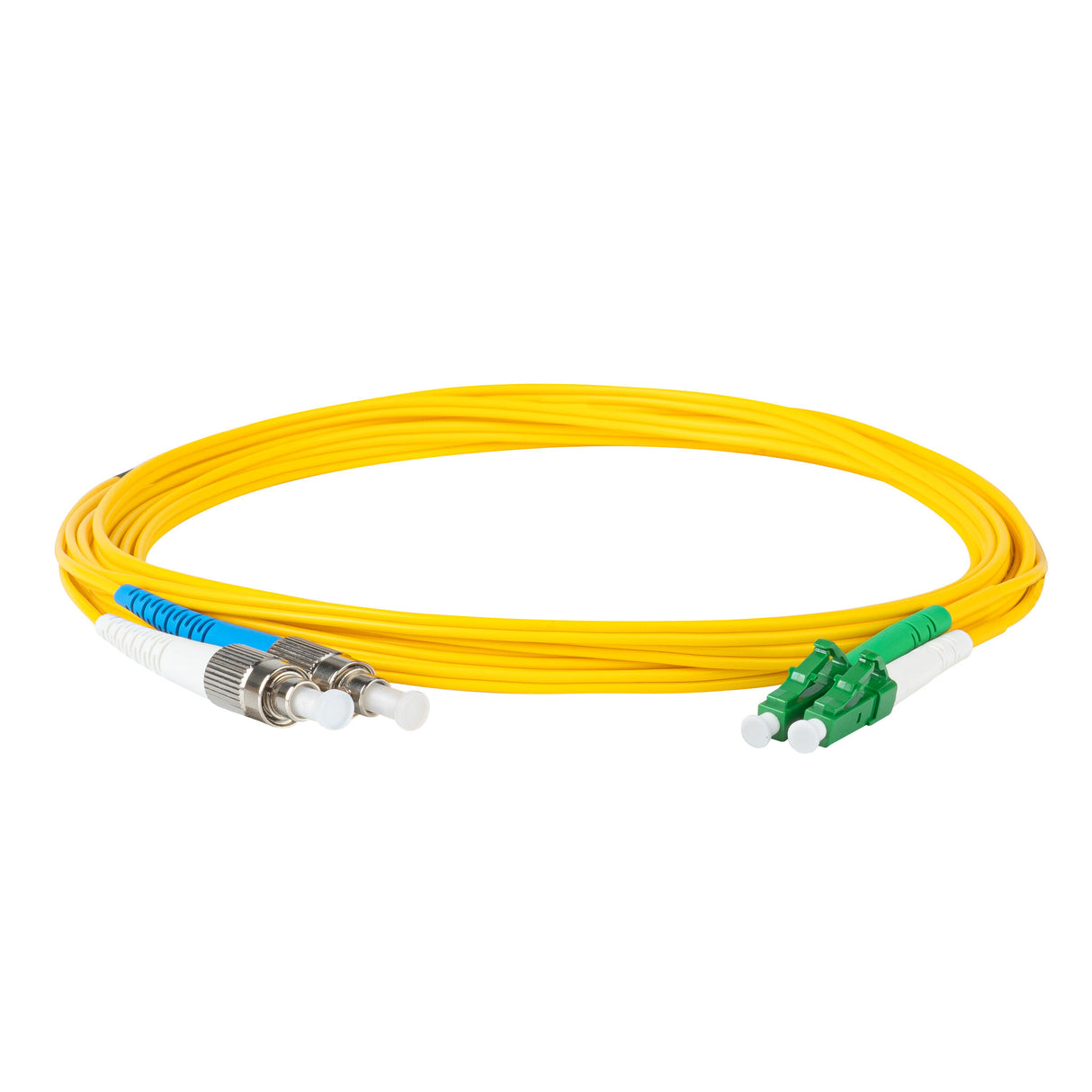 0.2dB LC/APC to FC/UPC Single-mode Duplex Fiber Patch Cable | Corning SMF-28 Ultra Fiber | Green, Blue and White Boots | OS1/OS2 Compatible | OFNR Jacket