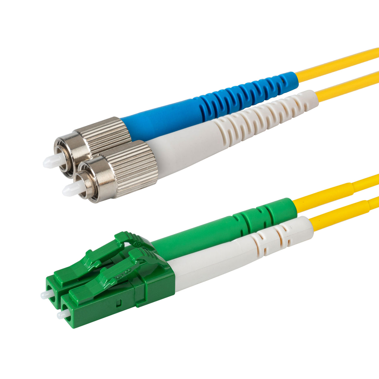 0.2dB LC/APC to FC/UPC Single-mode Duplex Fiber Patch Cable | Corning SMF-28 Ultra Fiber | Green, Blue and White Boots | OS1/OS2 Compatible | OFNR Jacket