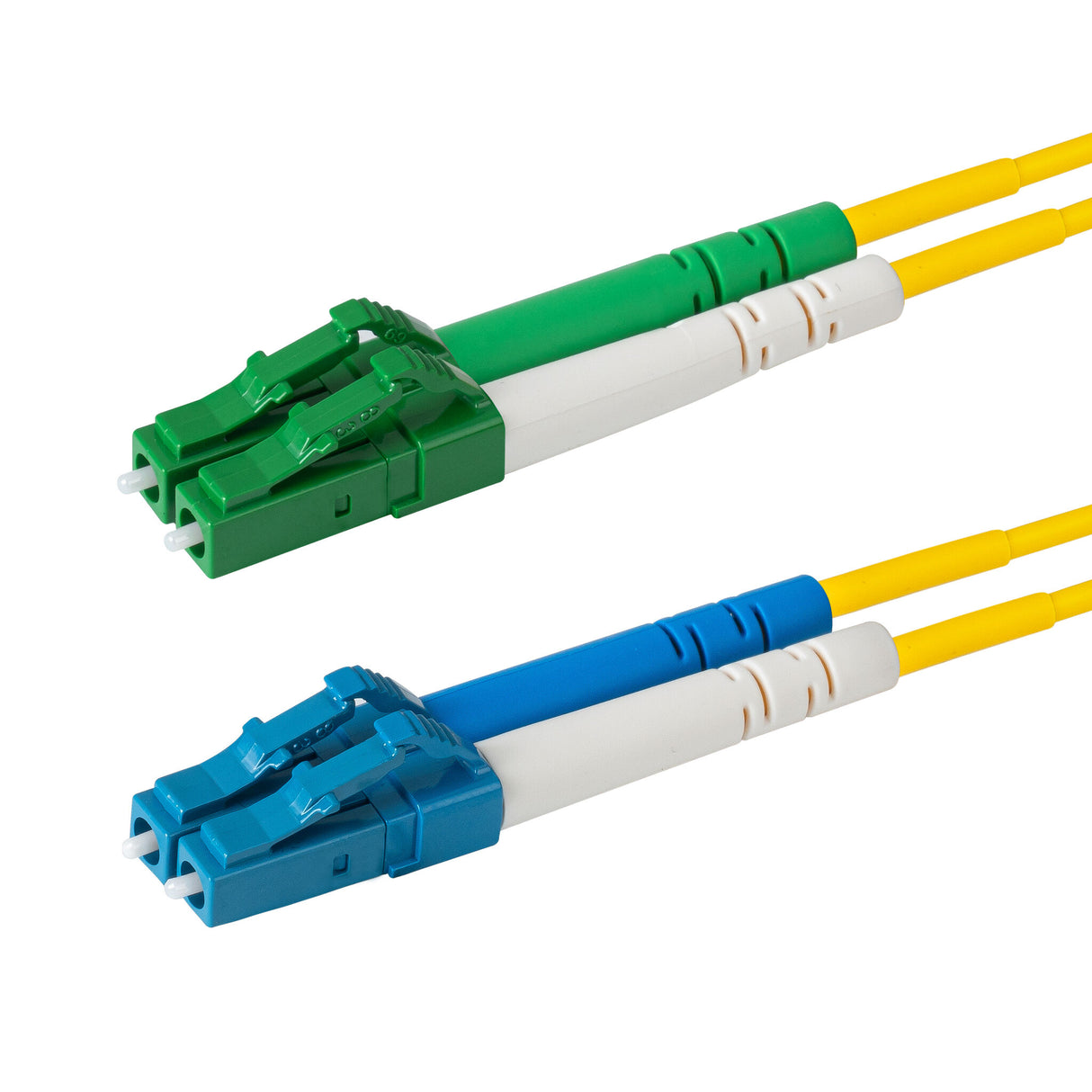 0.2dB LC/APC to LC/UPC Single-mode Duplex Fiber Patch Cable | Corning SMF-28 Ultra Fiber | Green, Blue and White Boots | OS1/OS2 Compatible | OFNR Jacket