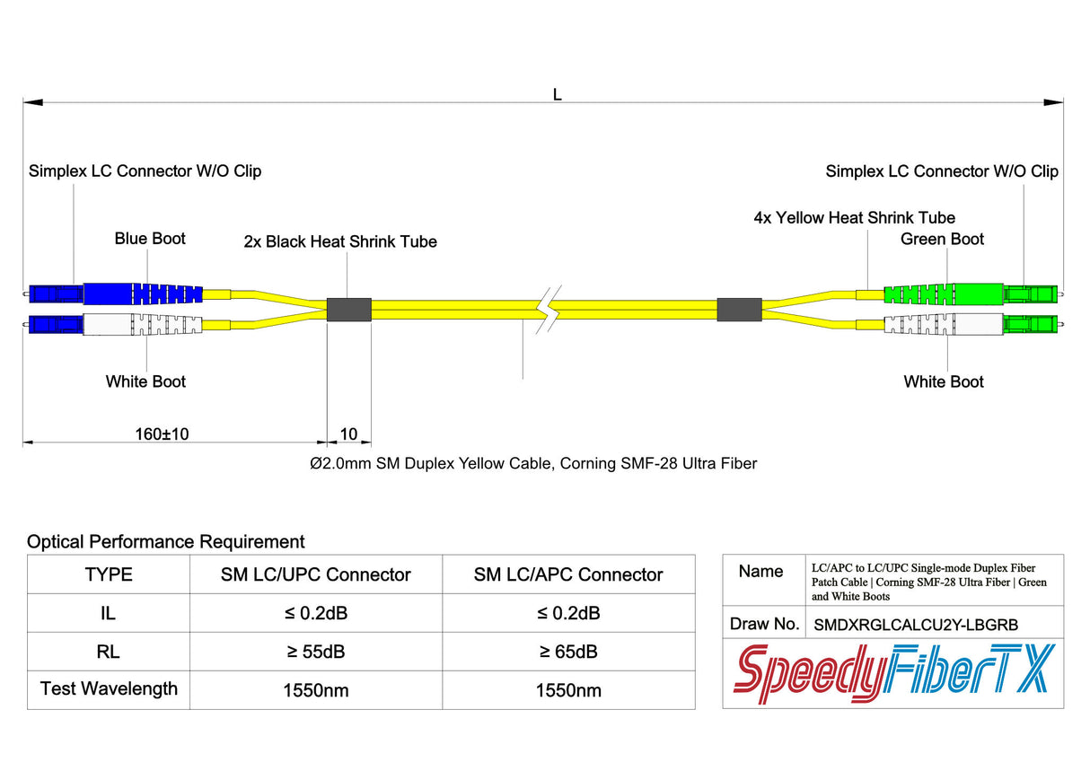 0.2dB LC/APC to LC/UPC Single-mode Duplex Fiber Patch Cable | Corning SMF-28 Ultra Fiber | Green, Blue and White Boots | OS1/OS2 Compatible | OFNR Jacket