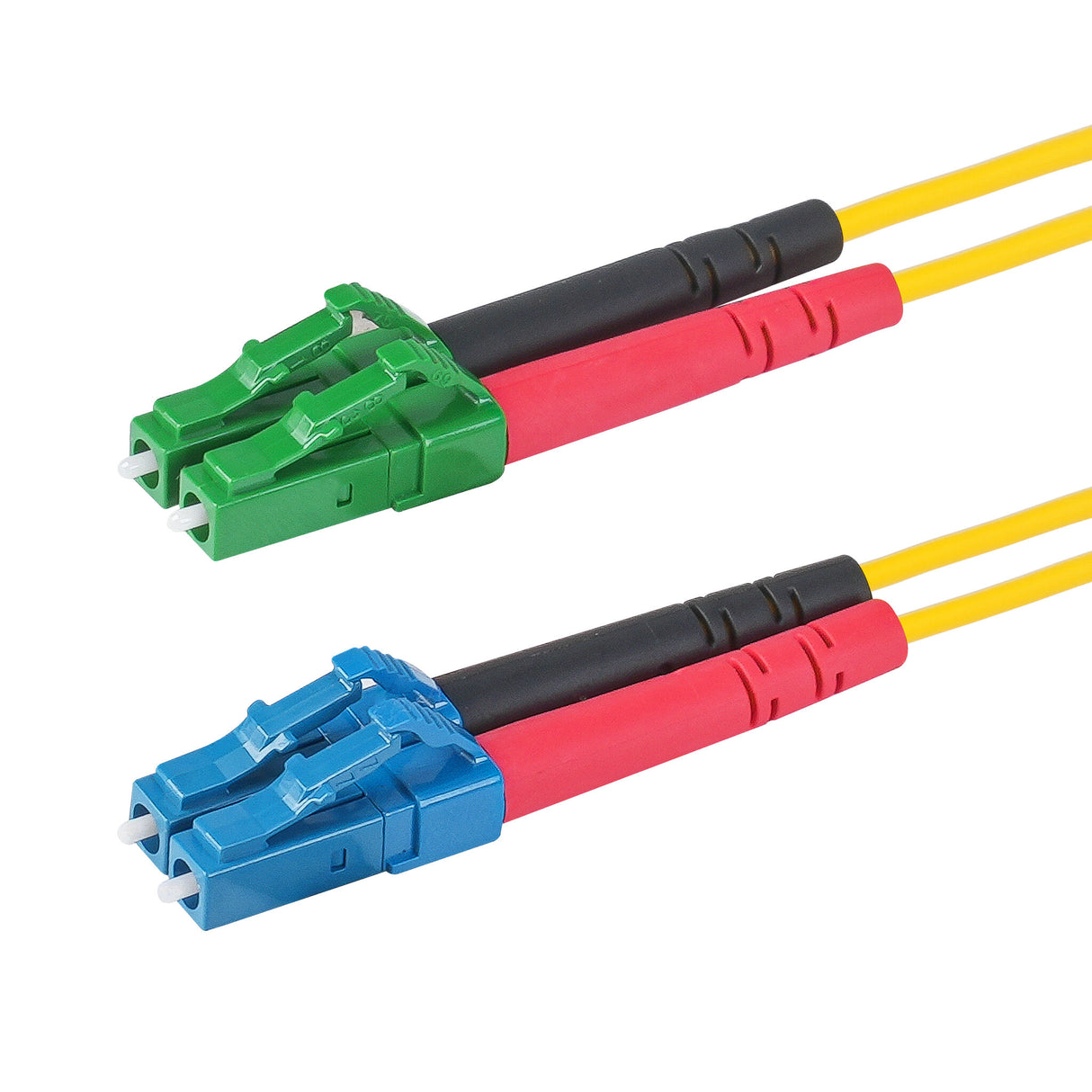 0.2dB LC/APC to LC/UPC Single-mode Duplex Fiber Patch Cable | Corning SMF-28 Ultra Fiber | Red and Black Boots | OS1/OS2 Compatible | OFNR Jacket