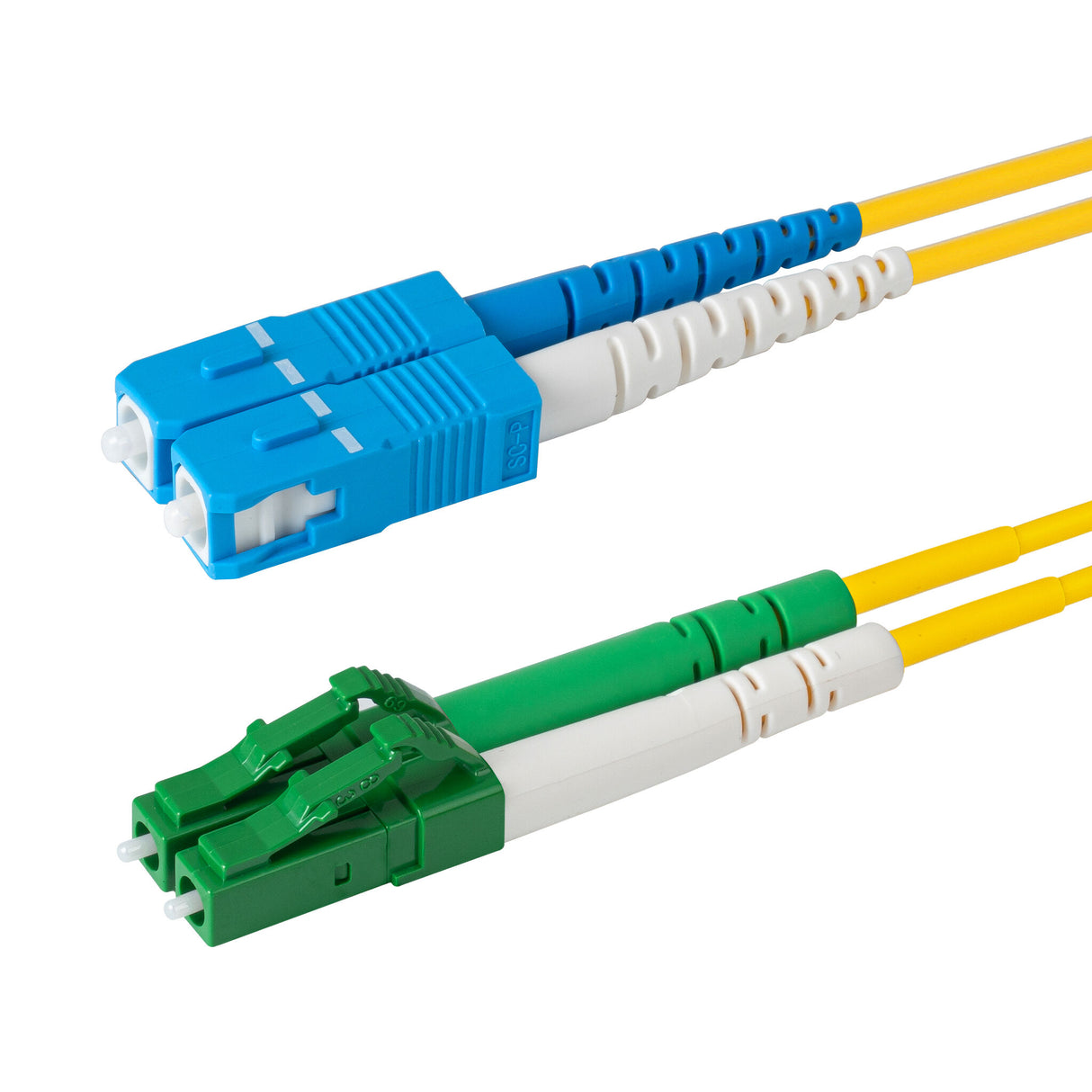 0.2dB LC/APC to SC/UPC Single-mode Duplex Fiber Patch Cable | Corning SMF-28 Ultra Fiber | Green, Blue and White Boots | OS1/OS2 Compatible | OFNR Jacket
