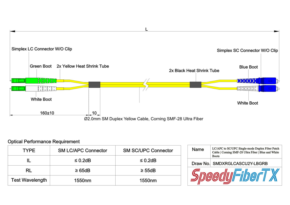0.2dB LC/APC to SC/UPC Single-mode Duplex Fiber Patch Cable | Corning SMF-28 Ultra Fiber | Green, Blue and White Boots | OS1/OS2 Compatible | OFNR Jacket