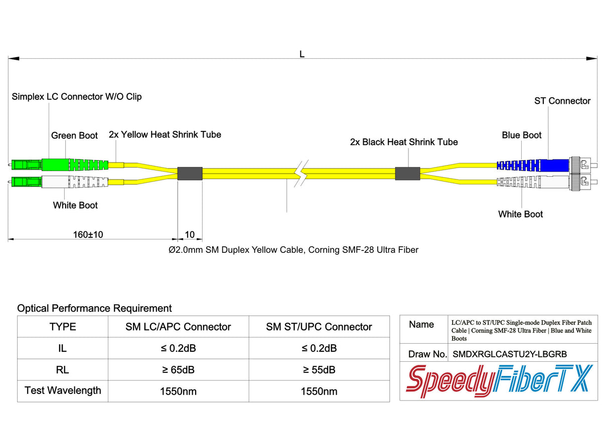 0.2dB LC/APC to ST/UPC Single-mode Duplex Fiber Patch Cable | Corning SMF-28 Ultra Fiber | Green, Blue and White Boots | OS1/OS2 Compatible | OFNR Jacket