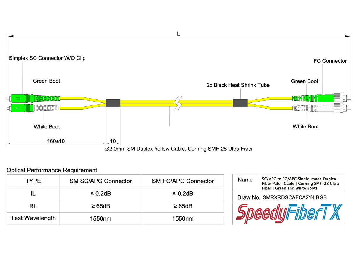 電信級 0.2dB 單模雙工 SC/APC to FC/APC 光纖跳線 | 康寧纖芯 | 綠白尾套 | OFNR 外被