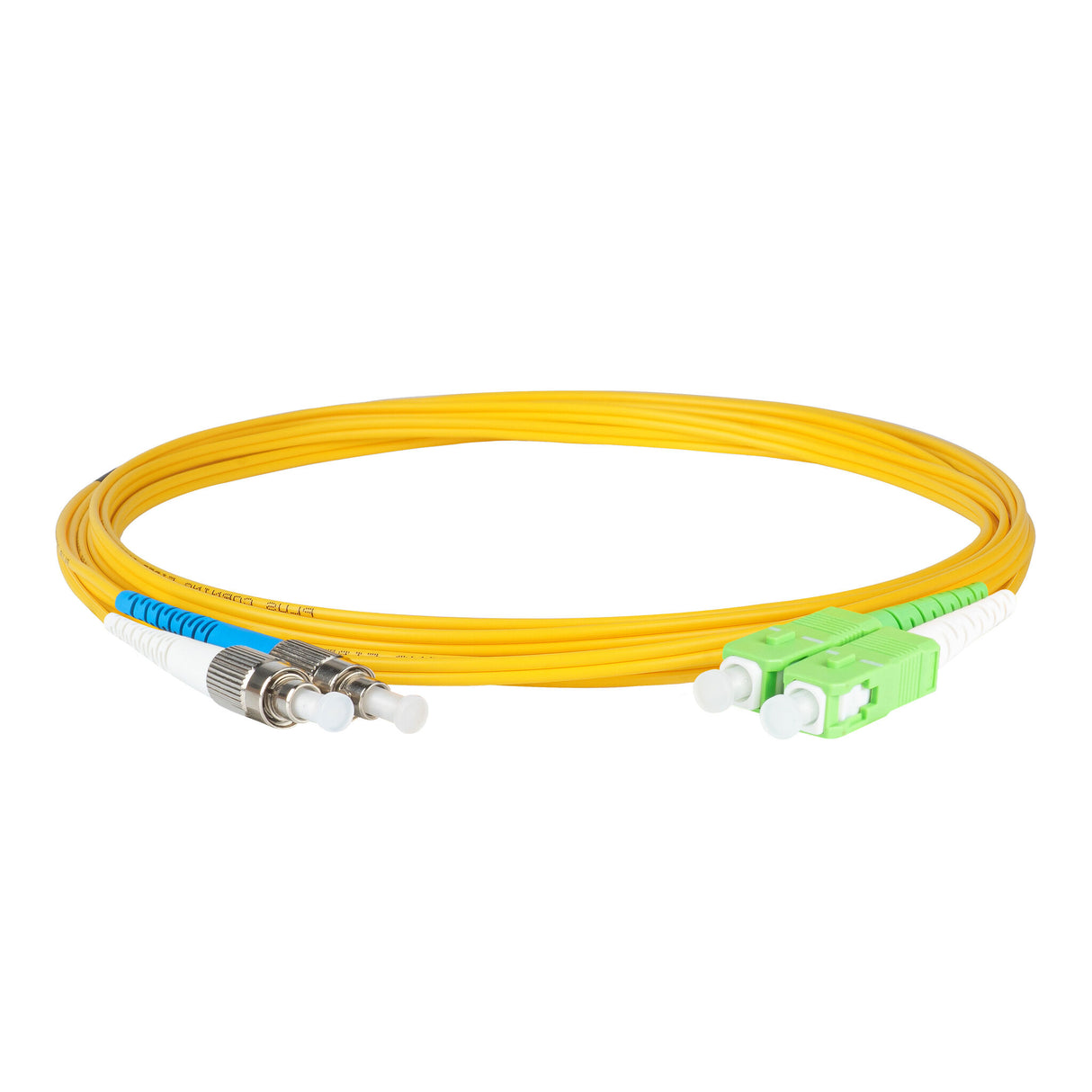 0.2dB SC/APC to FC/UPC Single-mode Duplex Fiber Patch Cable | Corning SMF-28 Ultra Fiber | Green, Blue and White Boots | OS1/OS2 Compatible | OFNR Jacket