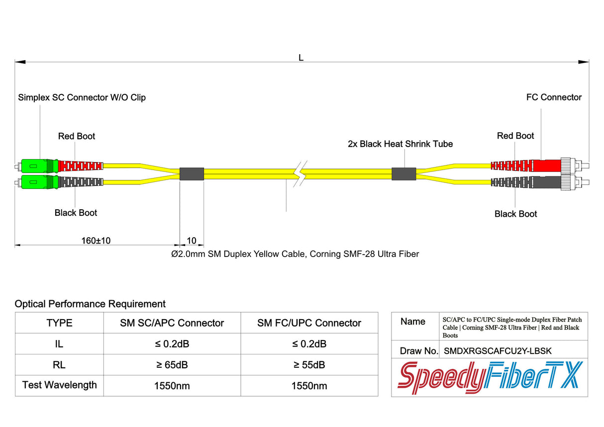 0.2dB SC/APC to FC/UPC Single-mode Duplex Fiber Patch Cable | Corning SMF-28 Ultra Fiber | Red and Black Boots | OS1/OS2 Compatible | OFNR Jacket