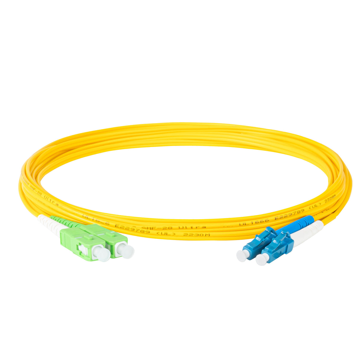 0.2dB SC/APC to LC/UPC Single-mode Duplex Fiber Patch Cable | Corning SMF-28 Ultra Fiber | Green, Blue and White Boots | OS1/OS2 Compatible | OFNR Jacket