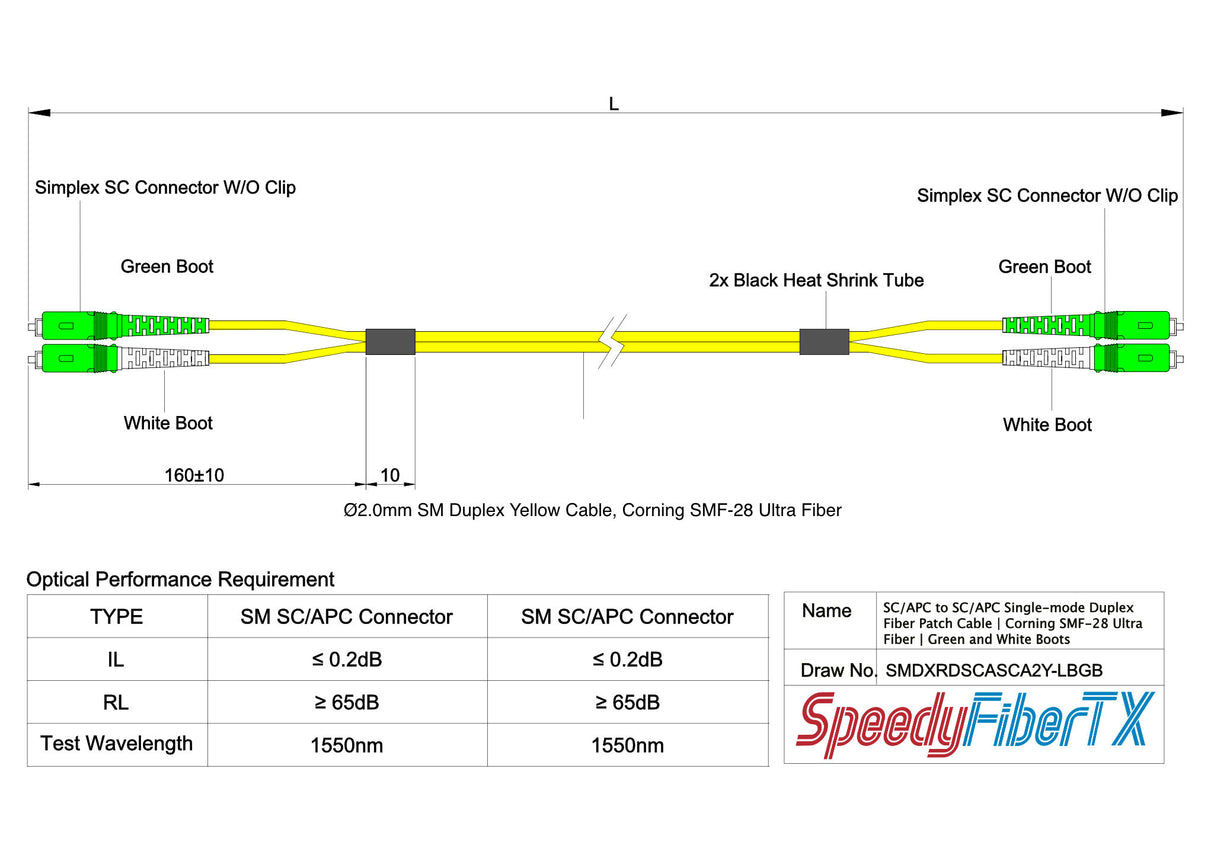 電信級 0.2dB 單模雙工 SC/APC to SC/APC 光纖跳線 | 康寧纖芯 | 綠白尾套 | OFNR 外被