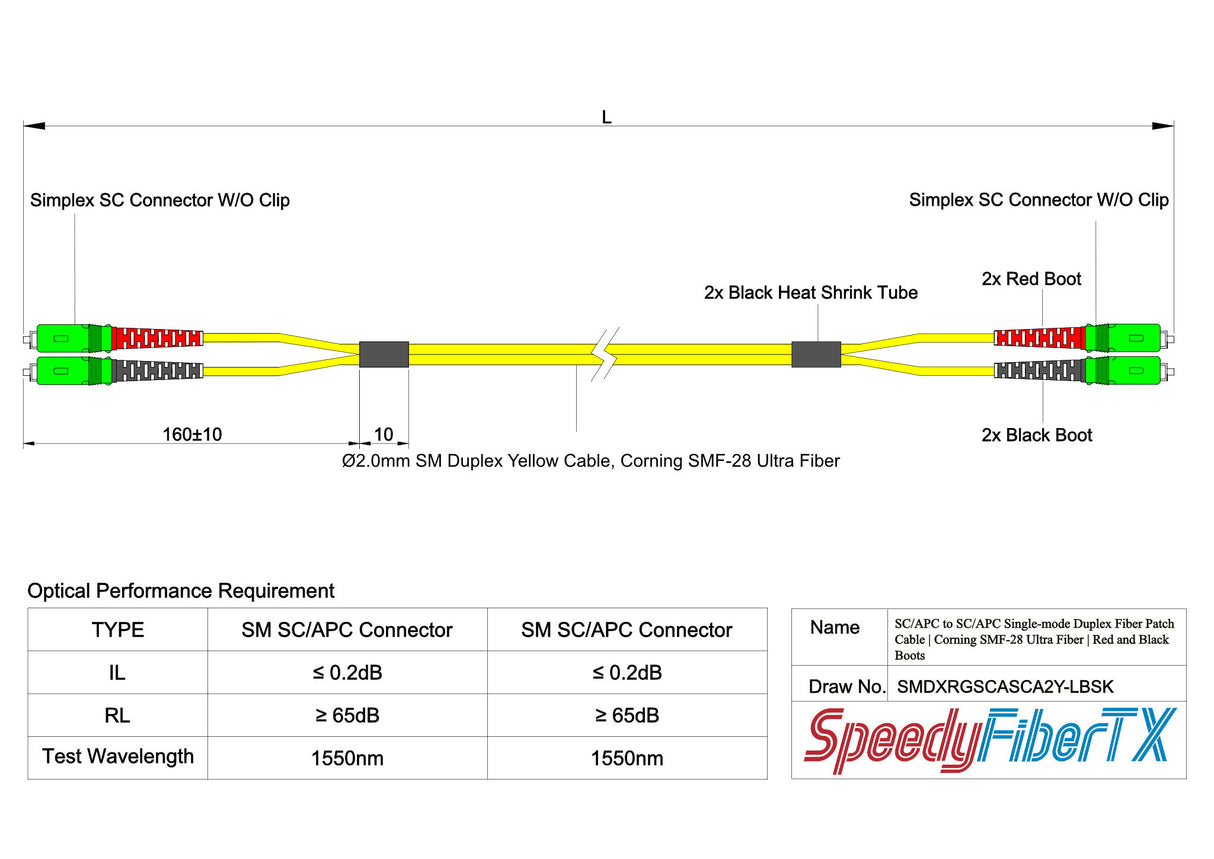 0.2dB SC/APC to SC/APC Single-mode Duplex Fiber Patch Cable | Corning SMF-28 Ultra Fiber | Red and Black Boots | OS1/OS2 Compatible | OFNR Jacket