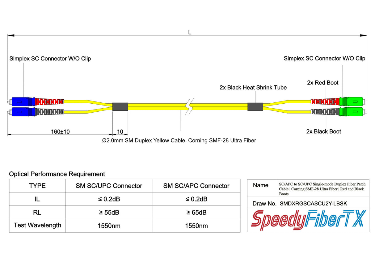 0.2dB SC/APC to SC/UPC Single-mode Duplex Fiber Patch Cable | Corning SMF-28 Ultra Fiber | Red and Black Boots | OS1/OS2 Compatible | OFNR Jacket