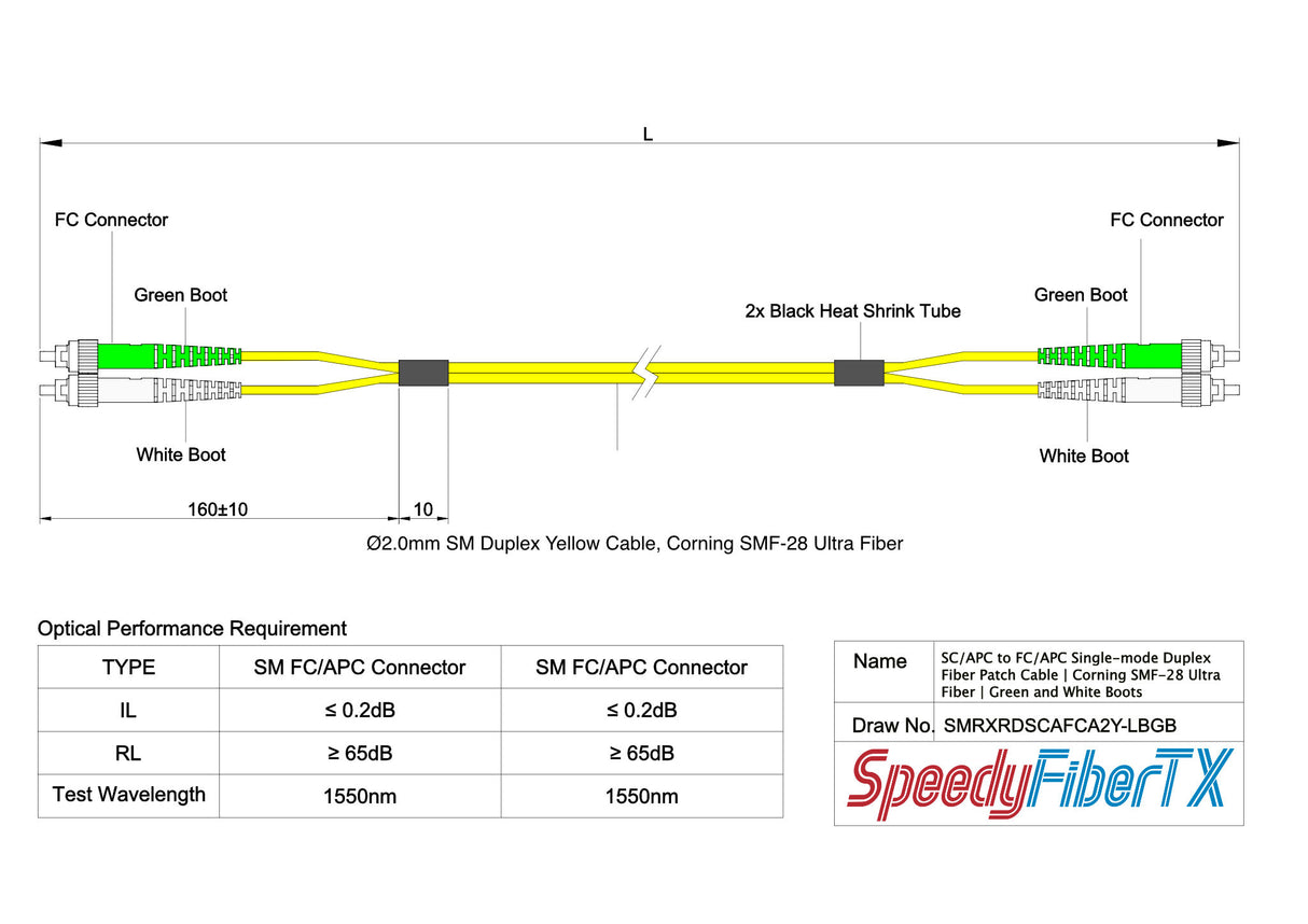 電信級 0.2dB 單模雙工 FC/APC to FC/APC 光纖跳線 | 康寧纖芯 | 綠白尾套 | OFNR 外被