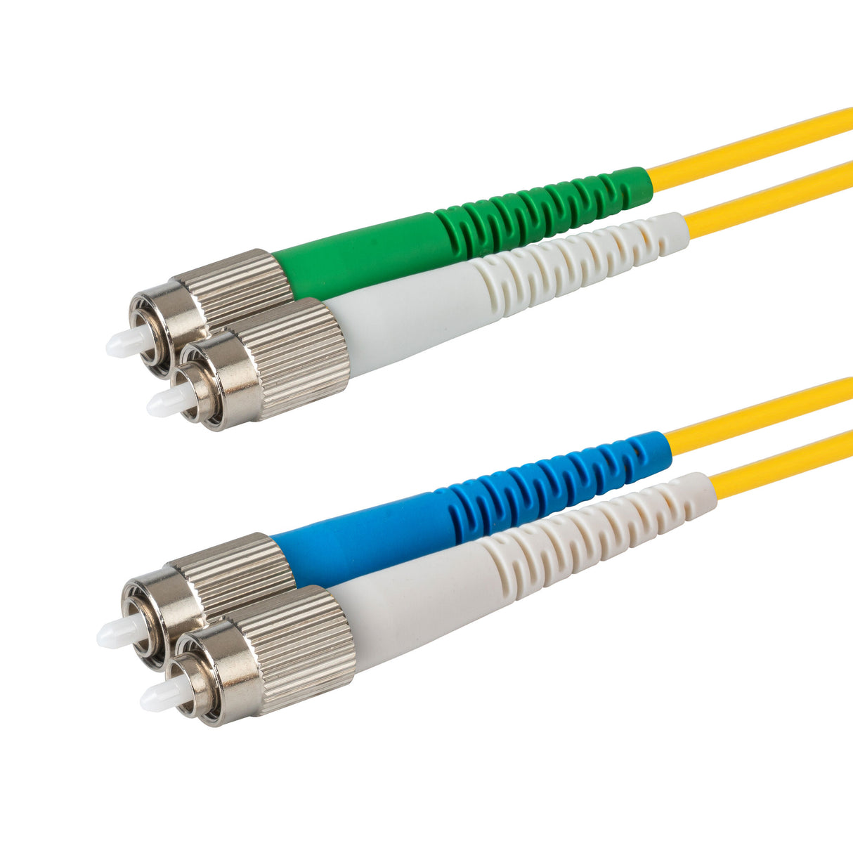 0.2dB FC/APC to FC/UPC Single-mode Duplex Fiber Patch Cable | Corning SMF-28 Ultra Fiber | Green, Blue and White Boots | OS1/OS2 Compatible | OFNR Jacket