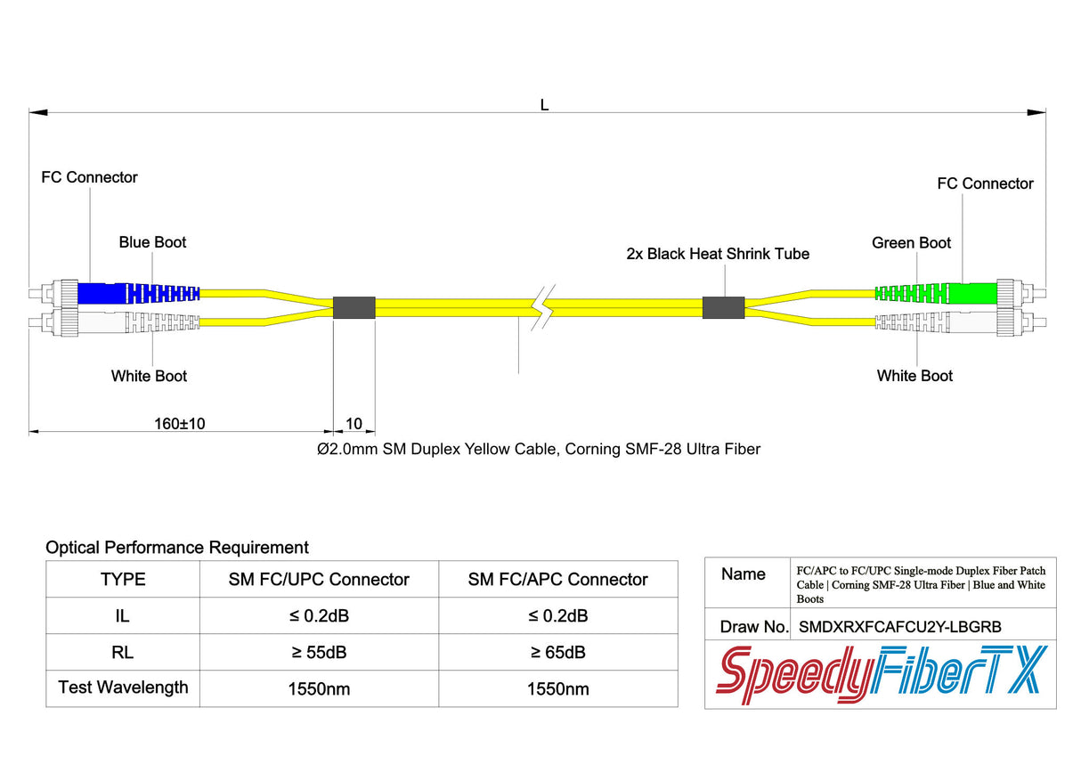 0.2dB FC/APC to FC/UPC Single-mode Duplex Fiber Patch Cable | Corning SMF-28 Ultra Fiber | Green, Blue and White Boots | OS1/OS2 Compatible | OFNR Jacket