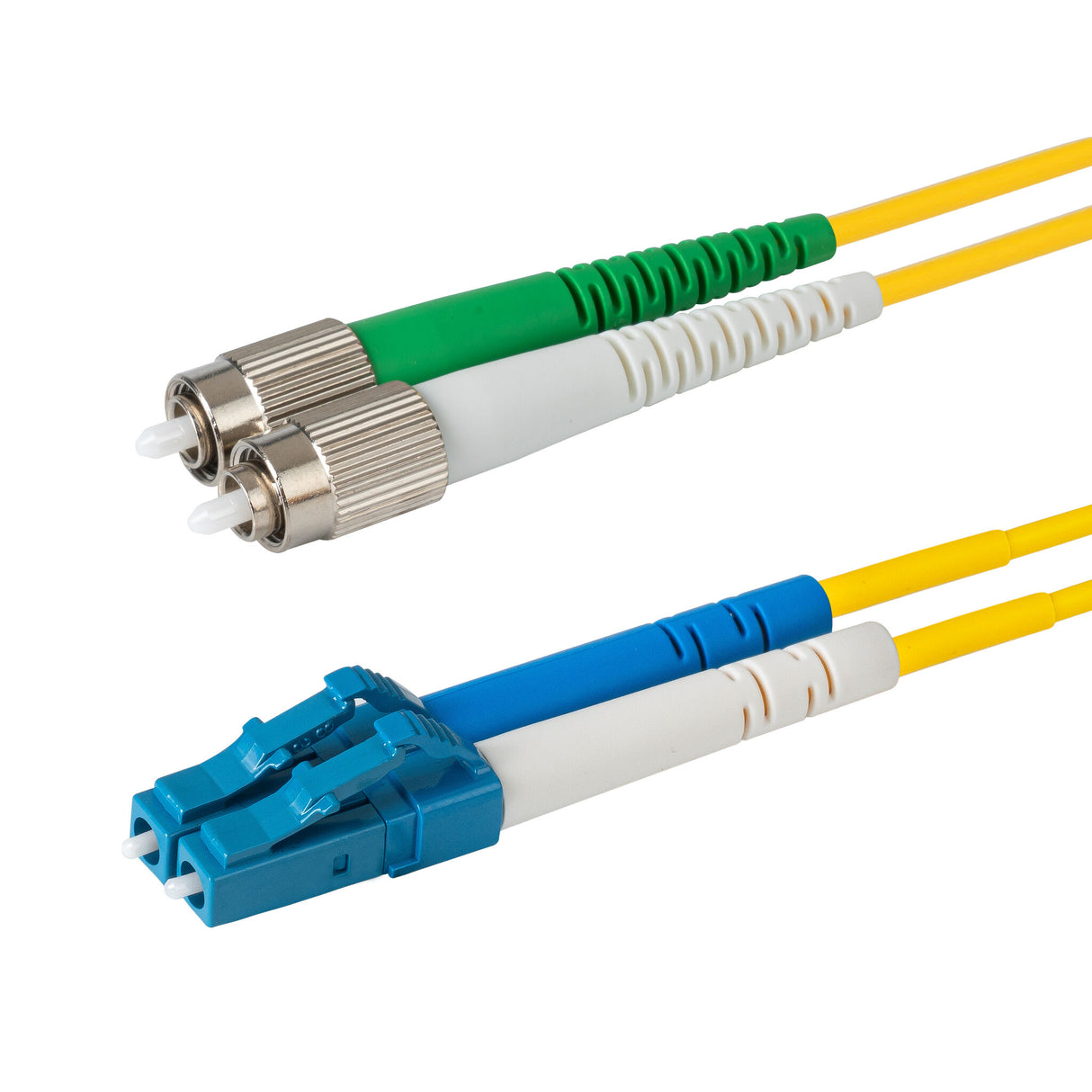 0.2dB FC/APC to LC/UPC Single-mode Duplex Fiber Patch Cable | Corning SMF-28 Ultra Fiber | Green, Blue and White Boots | OS1/OS2 Compatible | OFNR Jacket