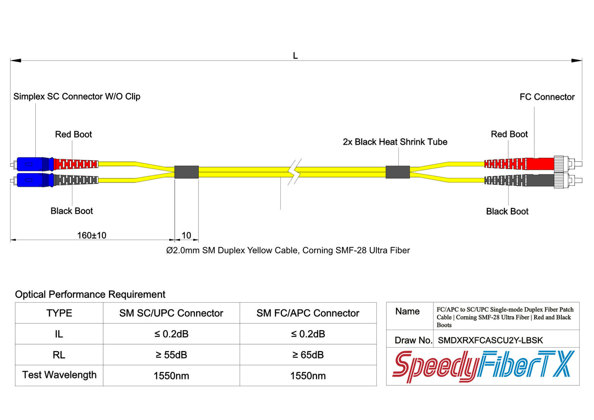 0.2dB FC/APC to SC/UPC Single-mode Duplex Fiber Patch Cable | Corning SMF-28 Ultra Fiber | Red and Black Boots | OS1/OS2 Compatible | OFNR Jacket