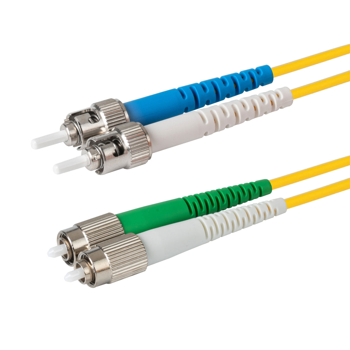 0.2dB FC/APC to ST/UPC Single-mode Duplex Fiber Patch Cable | Corning SMF-28 Ultra Fiber | Green, Blue and White Boots | OS1/OS2 Compatible | OFNR Jacket