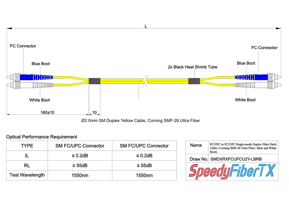0.2dB FC/UPC to FC/UPC Single-mode Duplex Fiber Patch Cable | Corning SMF-28 Ultra Fiber | Blue and White Boots | OS1/OS2 Compatible | OFNR Jacket