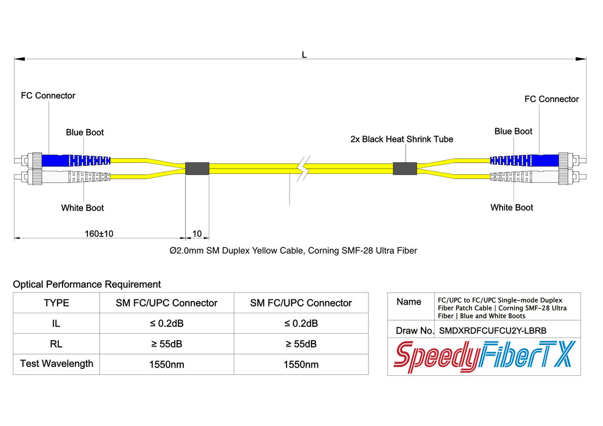 電信級 0.2dB 單模雙工 FC/UPC to FC/UPC 光纖跳線 | 康寧纖芯 | 藍白尾套 | OFNR 外被