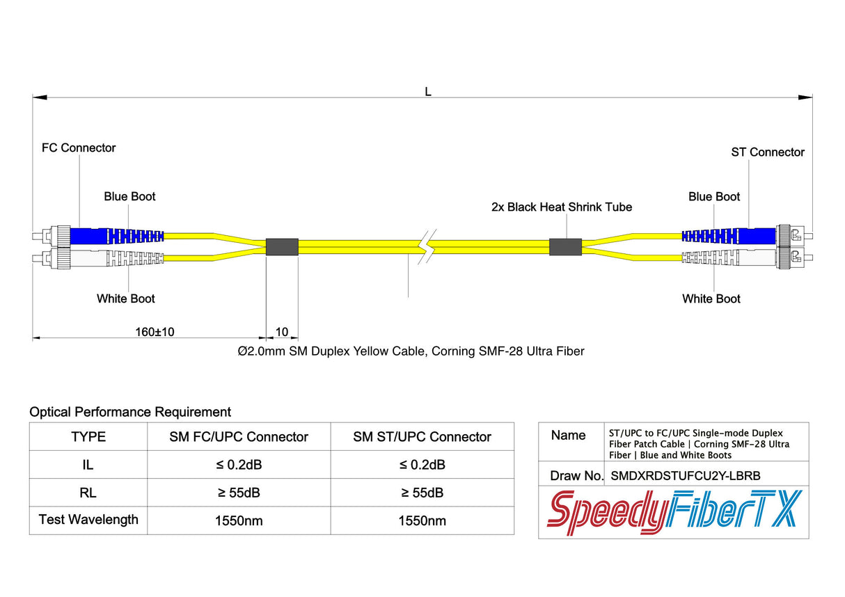 電信級 0.2dB 單模雙工 ST/UPC to FC/UPC 光纖跳線 | 康寧纖芯 | 藍白尾套 | OFNR 外被