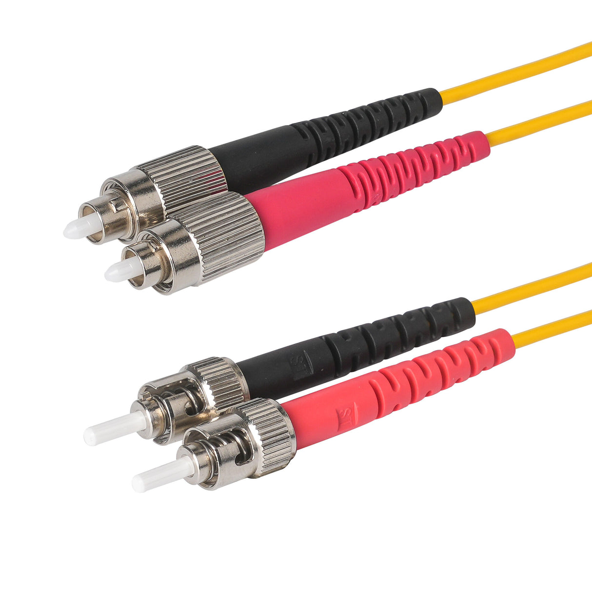 0.2dB ST/UPC to FC/UPC Single-mode Duplex Fiber Patch Cable | Corning SMF-28 Ultra Fiber | Red and Black Boots | OS1/OS2 Compatible | OFNR Jacket