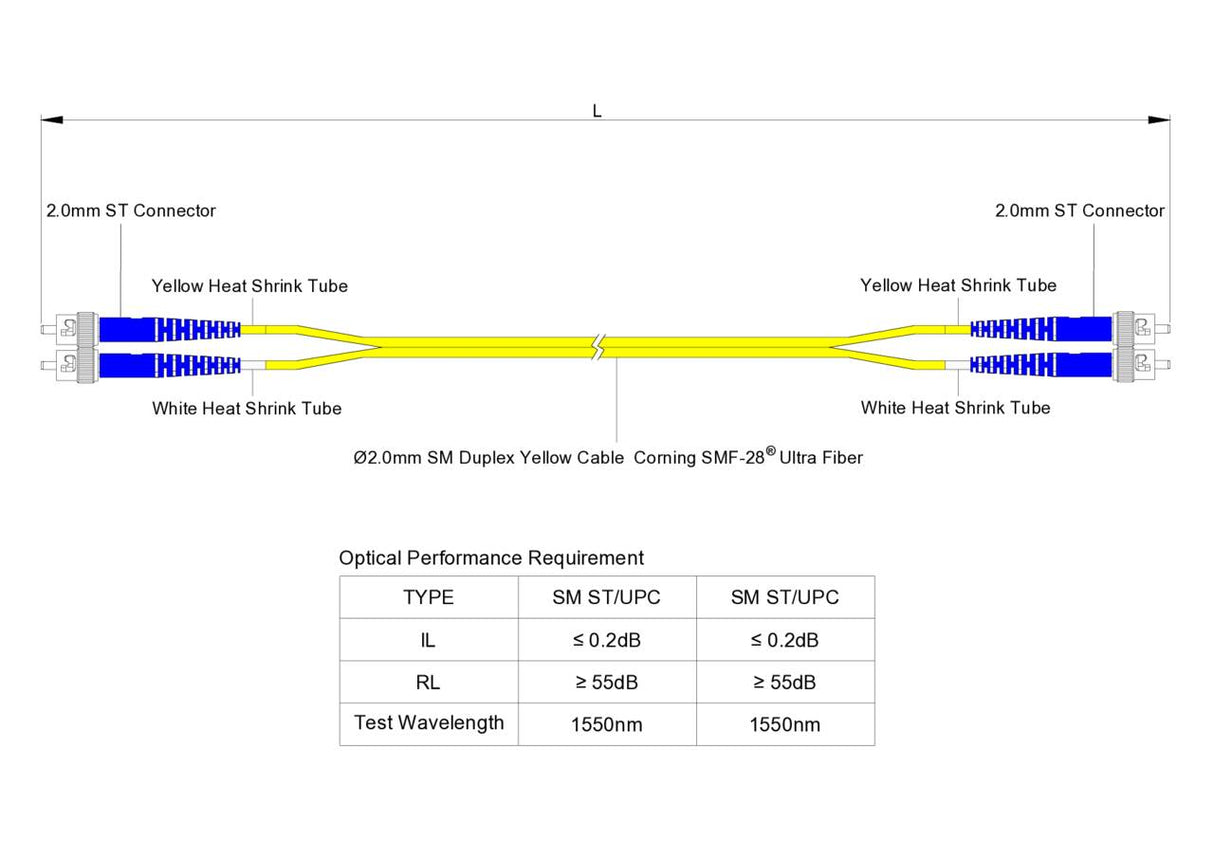 【博光通訊】電信級 0.2dB 單模雙工 ST/UPC to ST/UPC 光纖跳線 | 康寧纖芯 | OFNP 外被