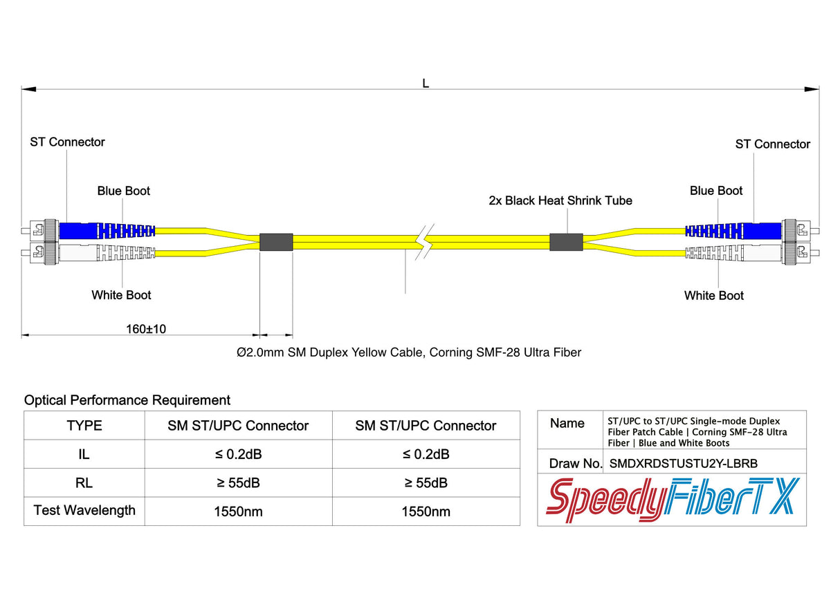 電信級 0.2dB 單模雙工 ST/UPC to ST/UPC 光纖跳線 | 康寧纖芯 | 藍白尾套 | OFNR 外被